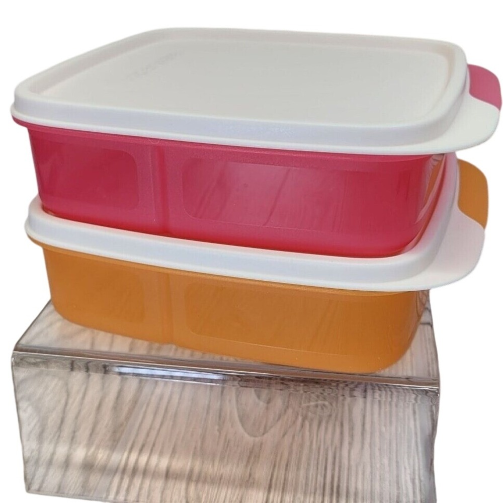 Tupperware Divided Lunch Containers 7503B Set of 2 Pink Orange 3 Compartment Box